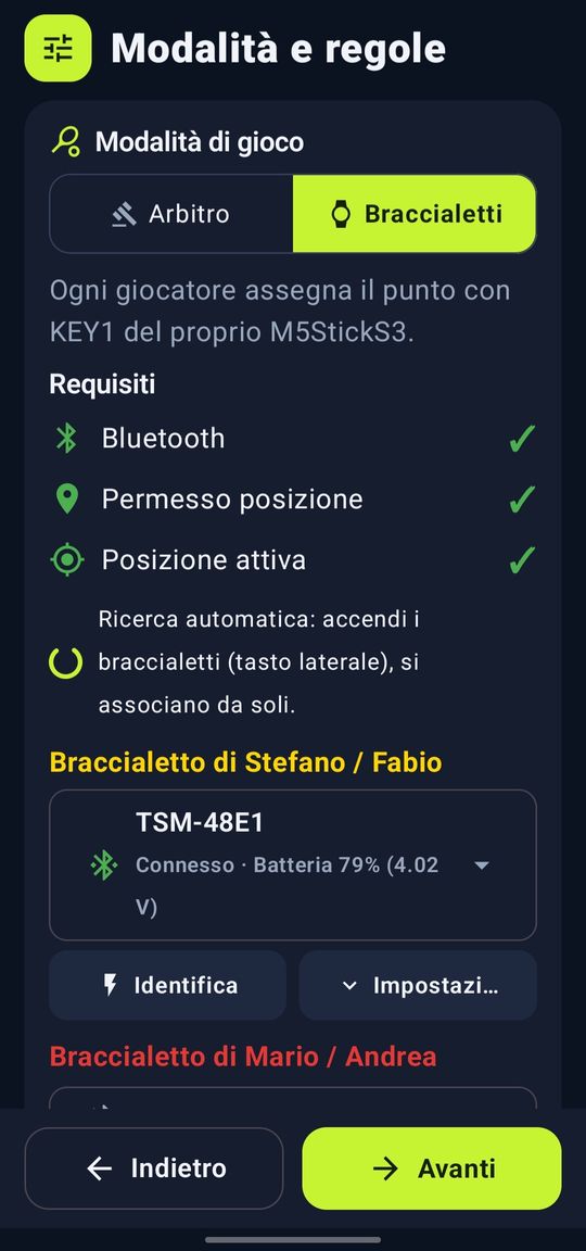 Collegamento dei braccialetti con stato di Bluetooth e batteria