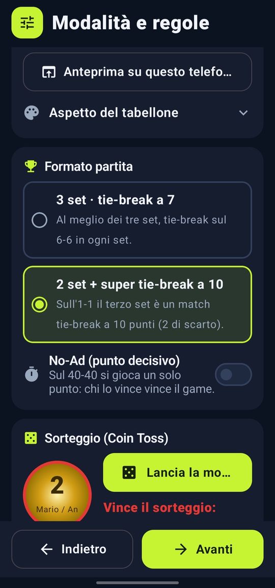 Scelta del formato: tre set o due set con super tie-break, No-Ad e sorteggio