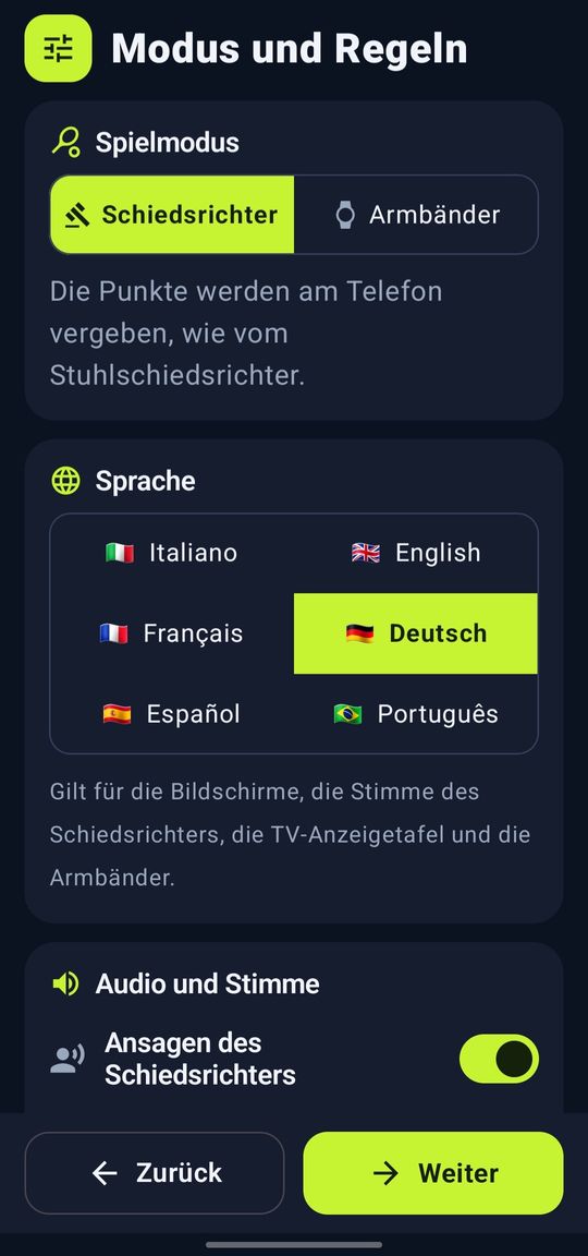 Schiedsrichter- oder Armband-Modus und Wahl aus sechs Sprachen