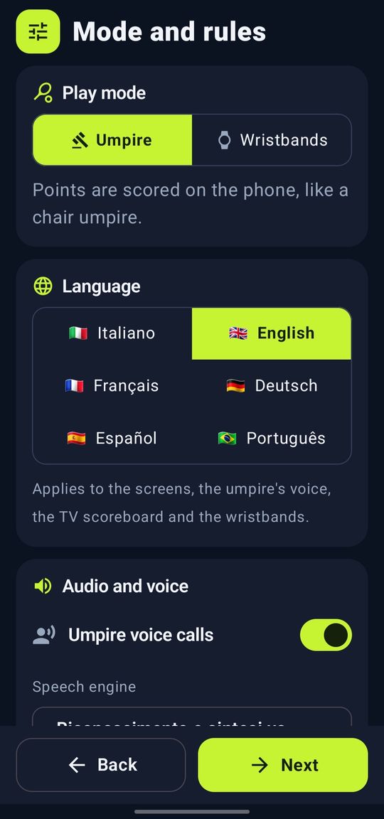 Umpire or wristband mode and choice of six languages