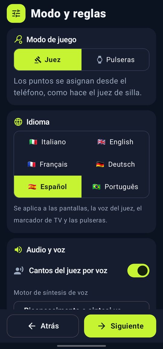 Modo juez o pulseras y elección entre seis idiomas