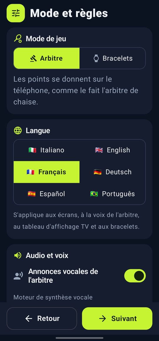 Mode arbitre ou bracelets et choix parmi six langues