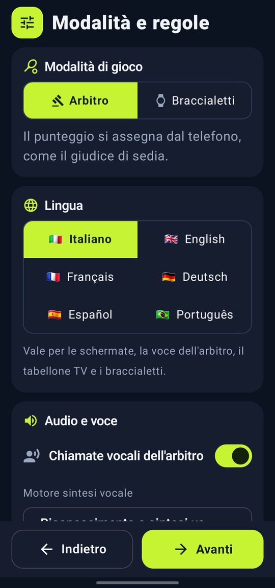 Modalità arbitro o braccialetti e scelta tra sei lingue