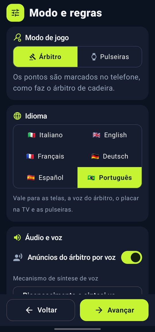 Modo árbitro ou pulseiras e escolha entre seis idiomas