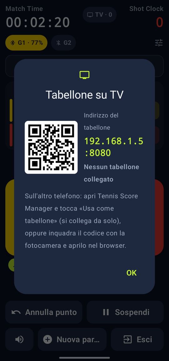 Indirizzo e QR code per aprire il tabellone su un altro dispositivo