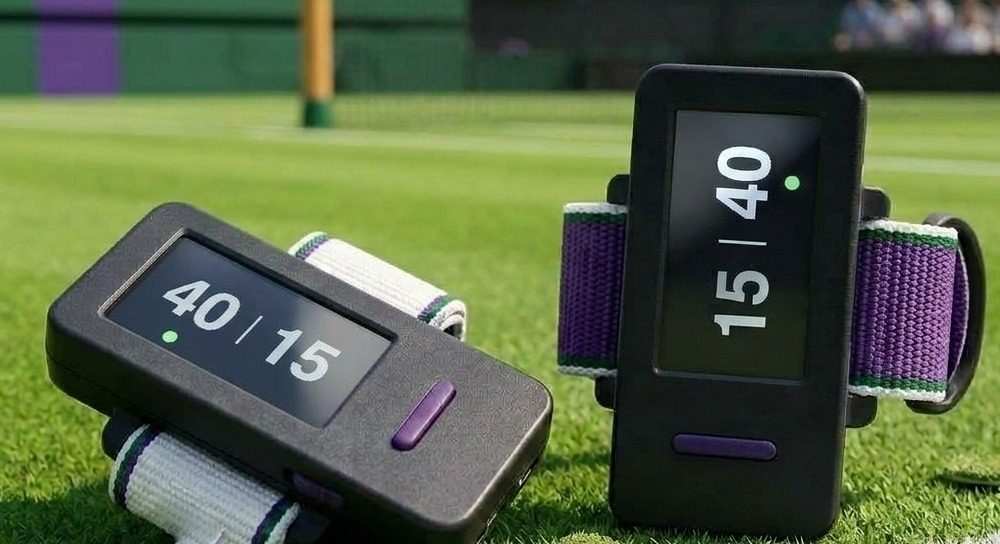 Due braccialetti M5StickS3 su un campo in erba: uno mostra 40-15, l'altro 15-40, con la pallina accanto al giocatore al servizio