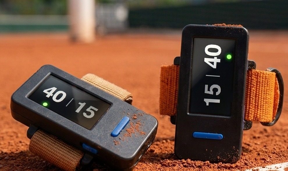 Due braccialetti M5StickS3 su un campo in terra rossa: uno mostra 40-15, l'altro 15-40, con la pallina accanto al giocatore al servizio