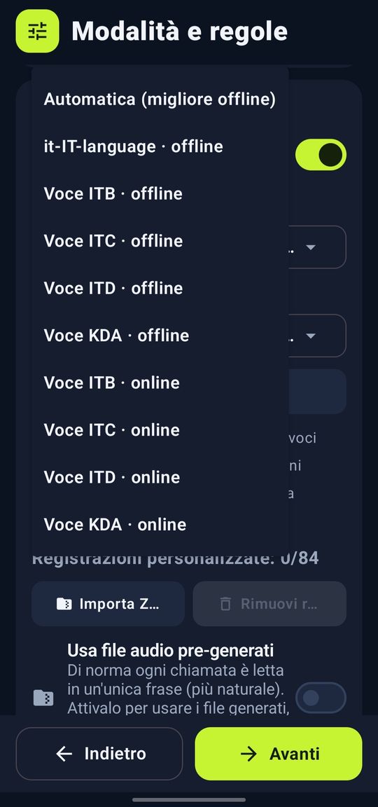 Elenco delle voci di sintesi installate, disponibili offline